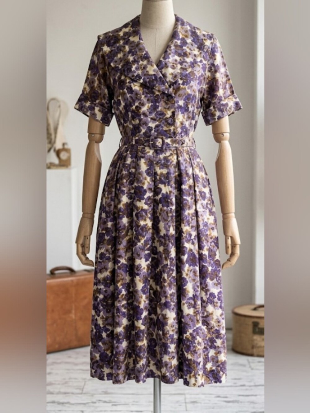 1950's Silk Shirtwaist Floral Dress W/Matching Belt (Pre-1964) Lux Collectible